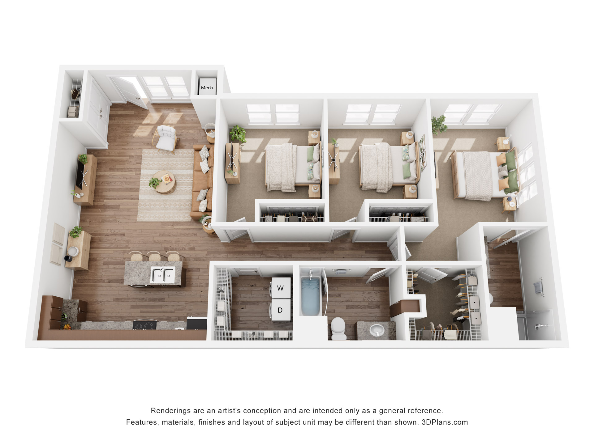 3D floor plan rendering of a spacious three-bedroom apartment layout