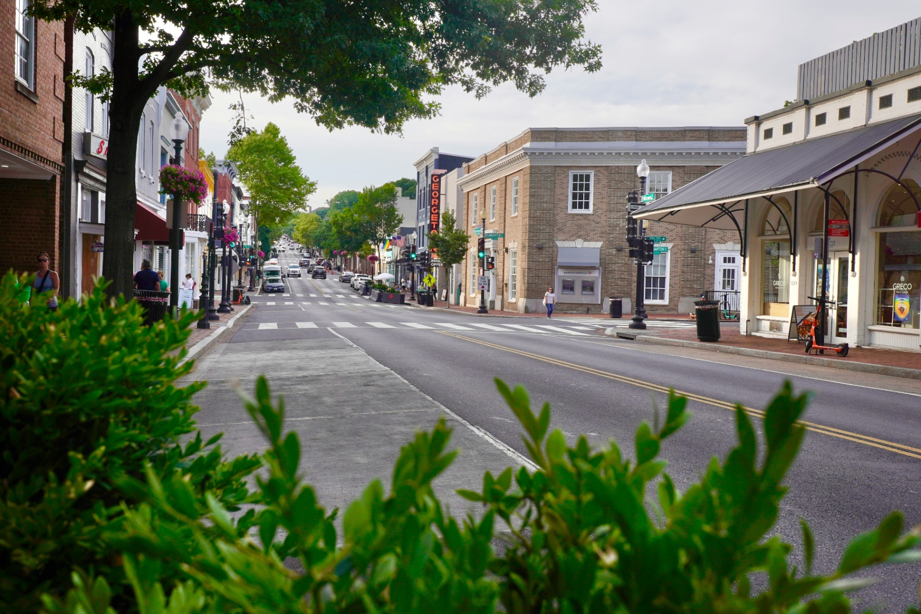 Downtown street view in Jefferson County, Wisconsin with shops and greenery