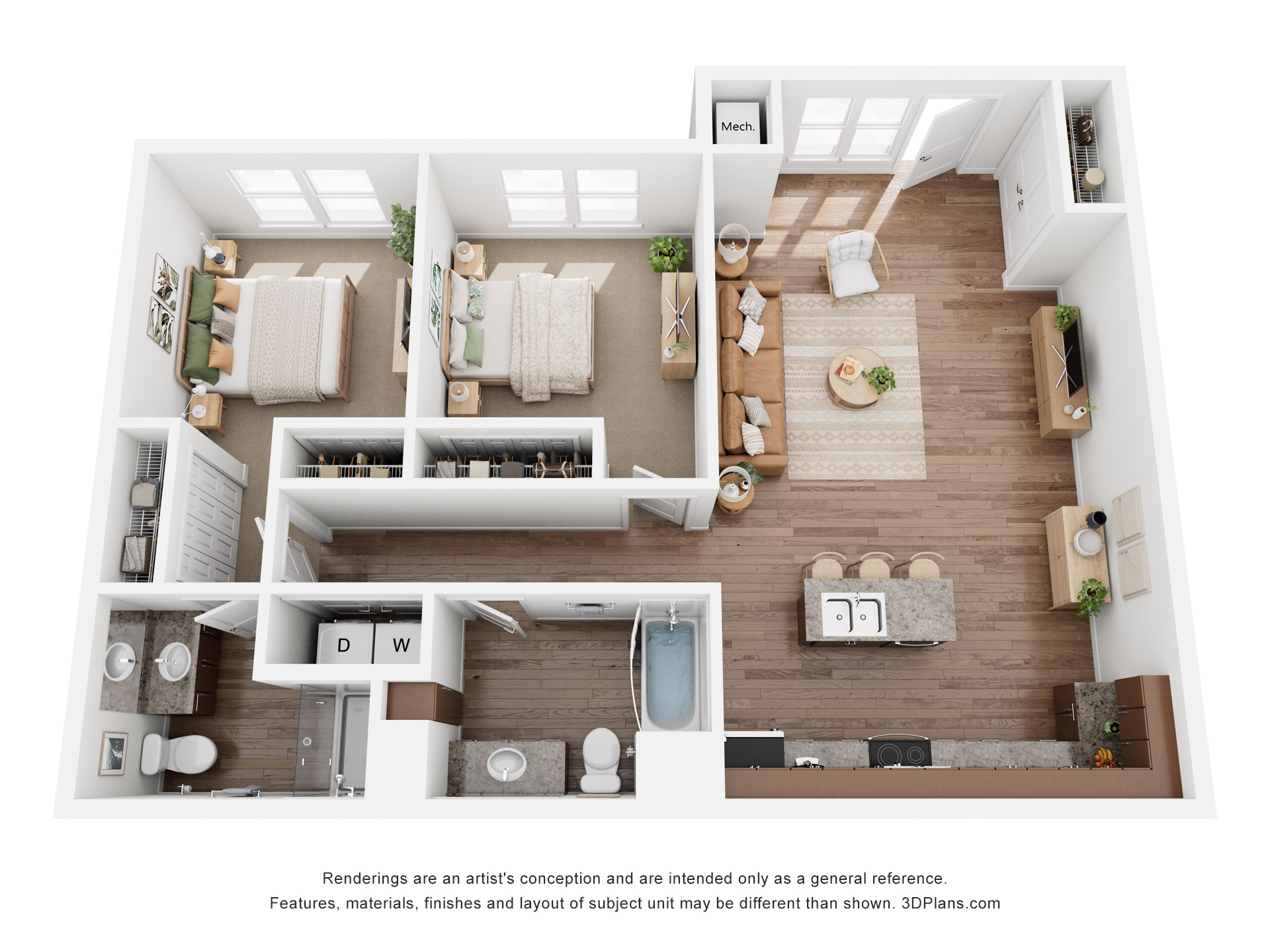 3D floor plan rendering of a two-bedroom apartment at Lumin Terrace in Watertown, WI