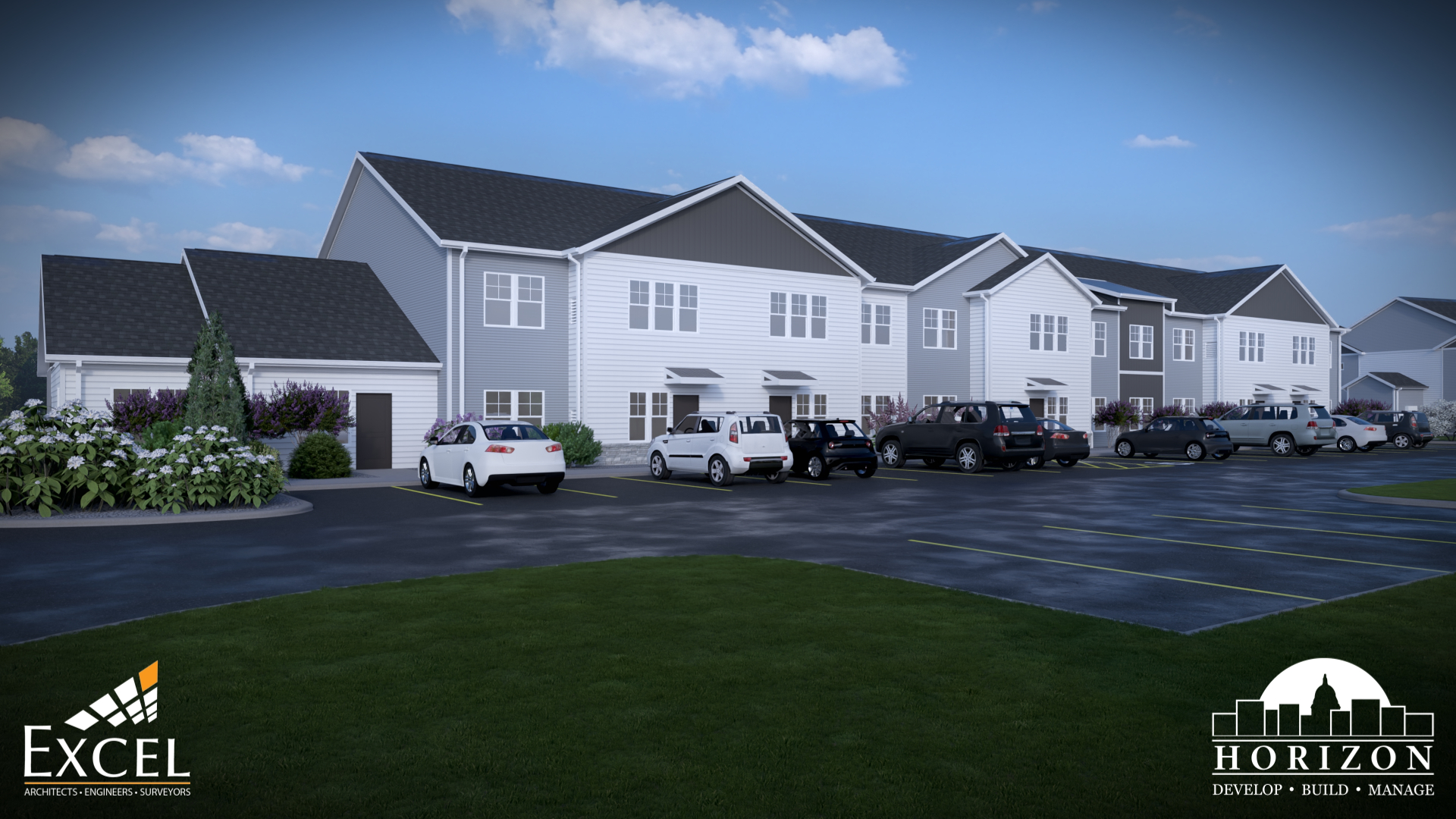 Exterior rendering of Lumin Terrace modern apartments in Watertown, WI