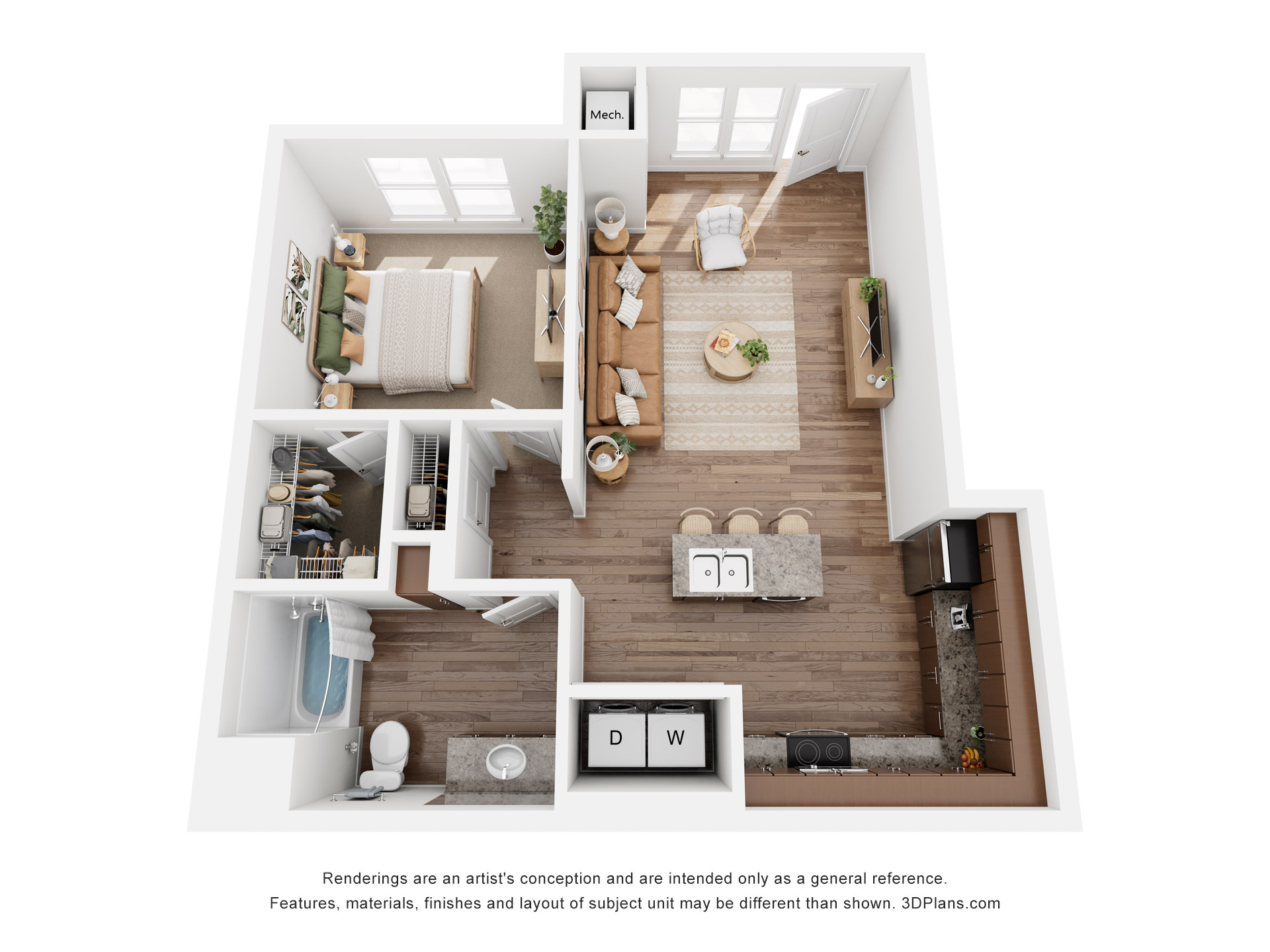3D floor plan of an open-concept one-bedroom apartment in Watertown WI