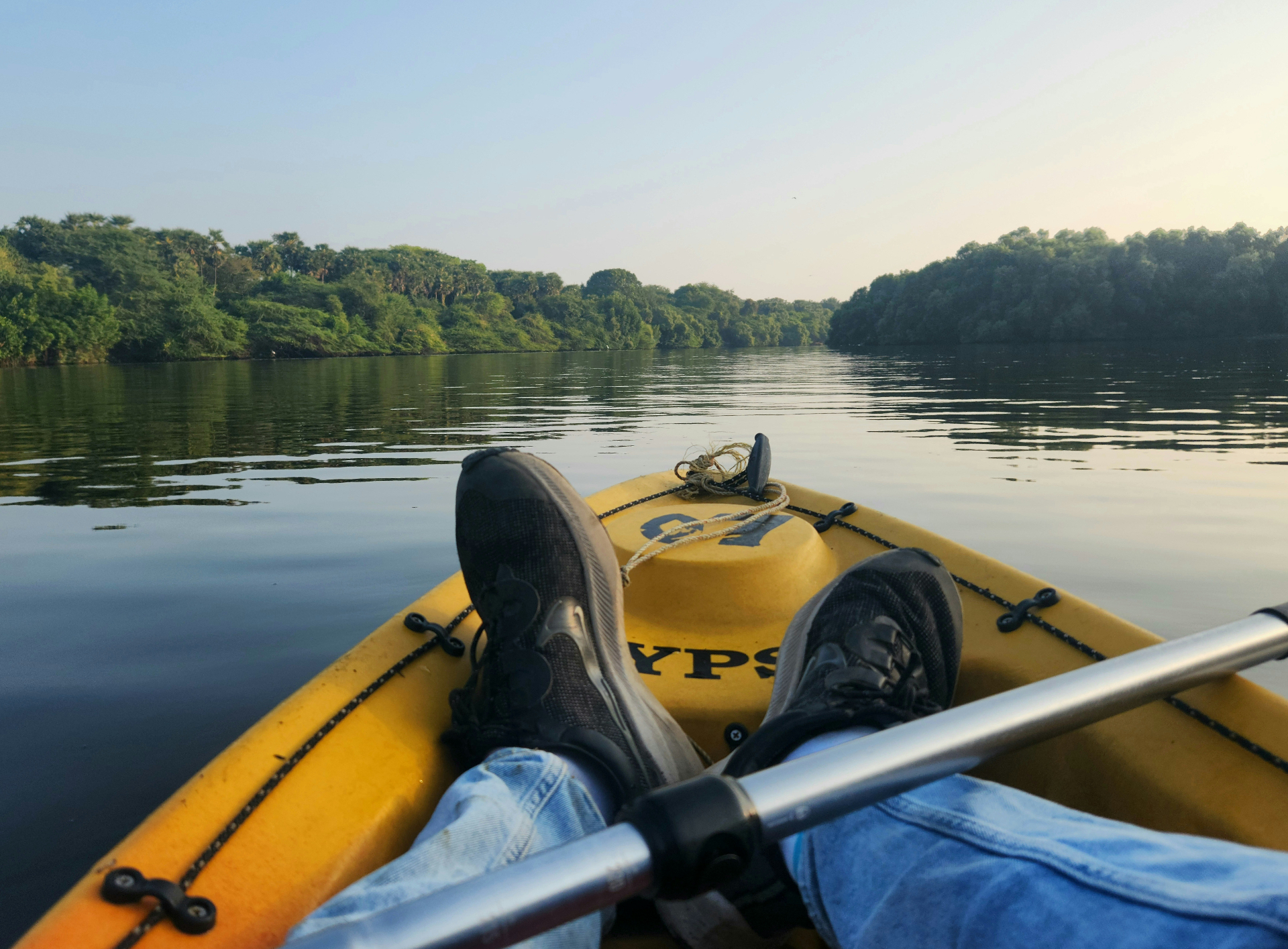 Kayaking on a calm river near Watertown Wisconsin with lush green trees